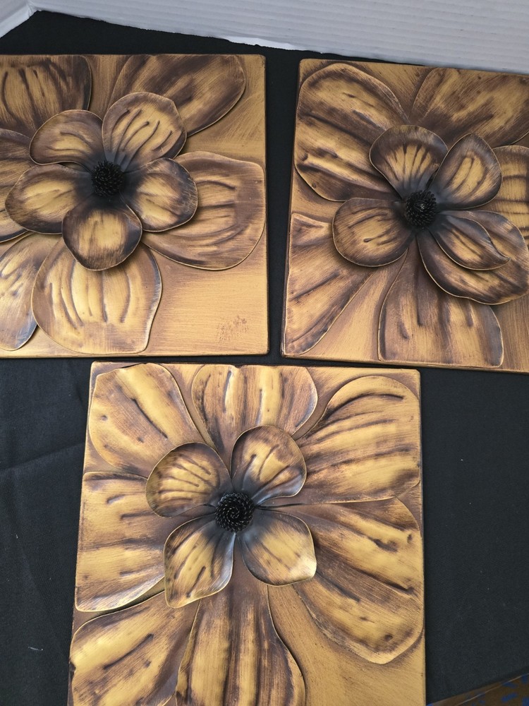 Magnolia Wall Panel 3 PC Art Set Bronze Gold 10x10 NWT