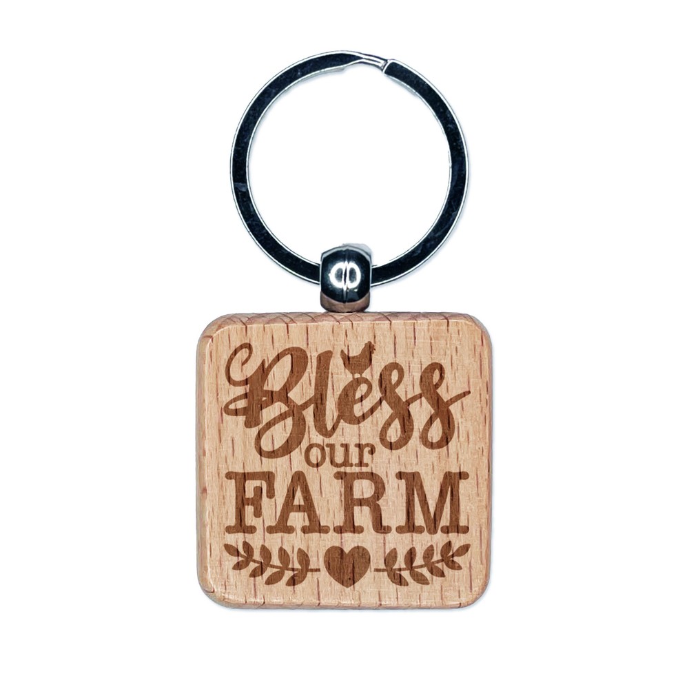 Bless Our Farm Engraved Wood Square Keychain Tag Charm
