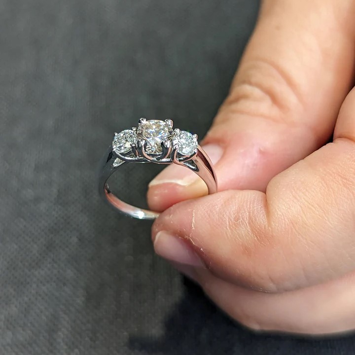 1.51 TCW Round Cut Moissanite Three Stone Engagement Ring 14k White Gold Plated