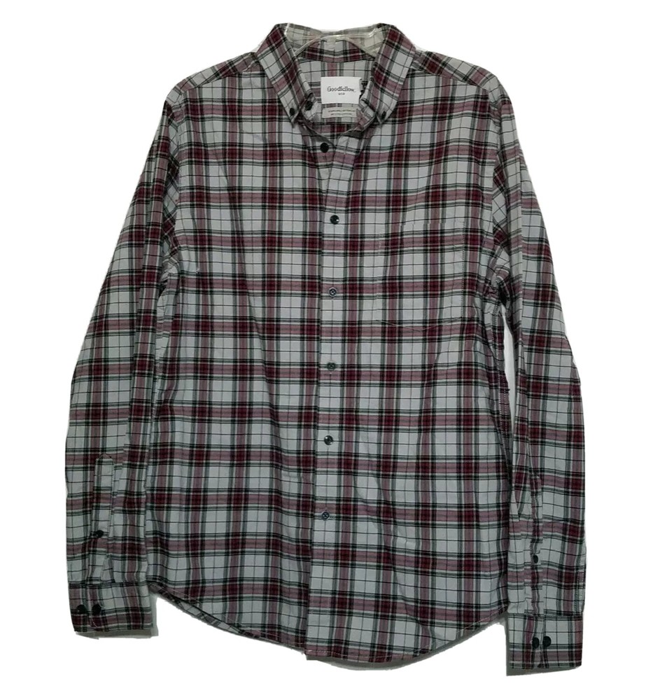 NWT Goodfellow Gray Burgundy Plaid Long Sleeve Button Up Shirt Size M
