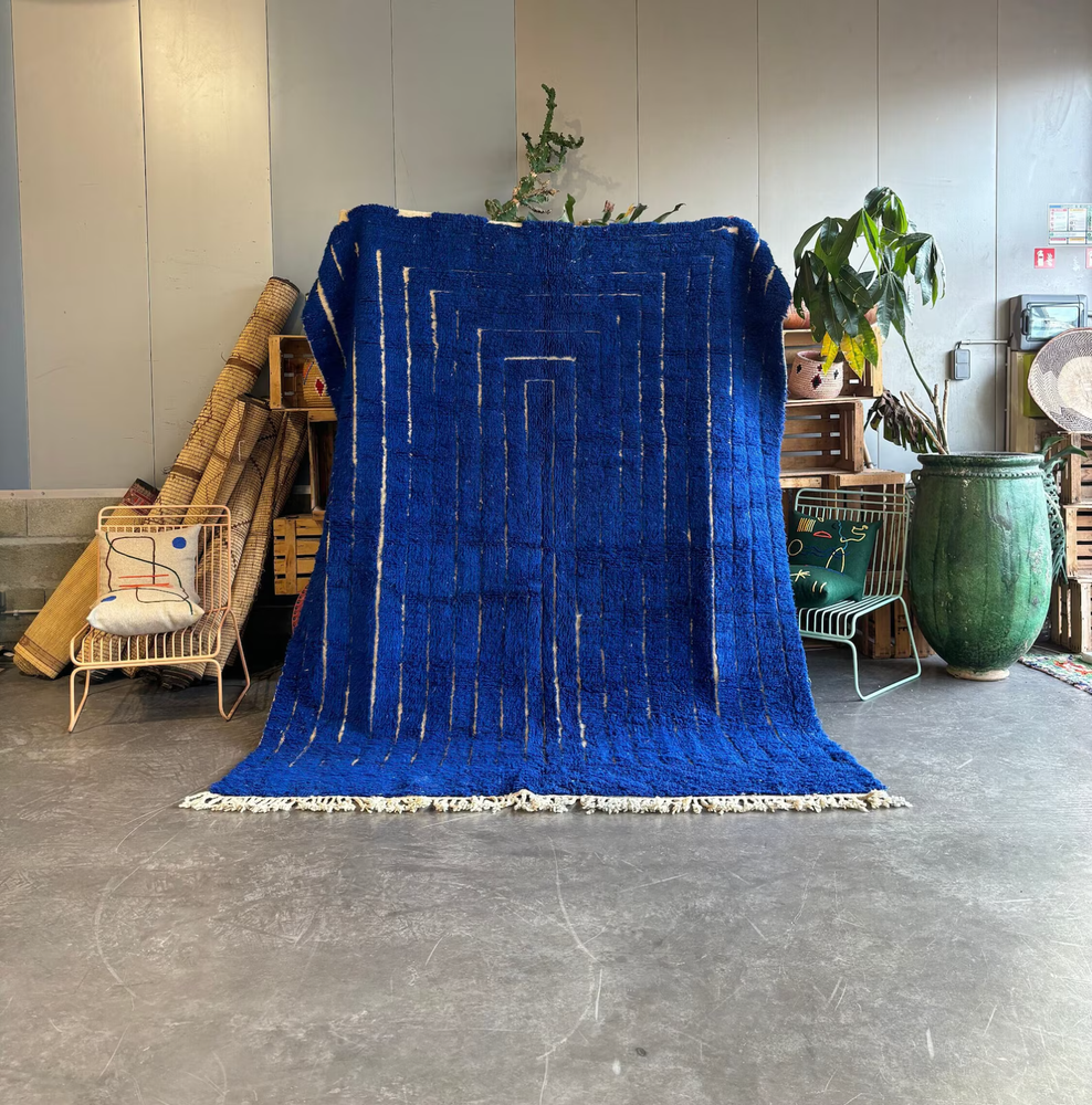 Modern Moroccan Berber Wool Rug Color Blue Handmade Design Carpet Rug