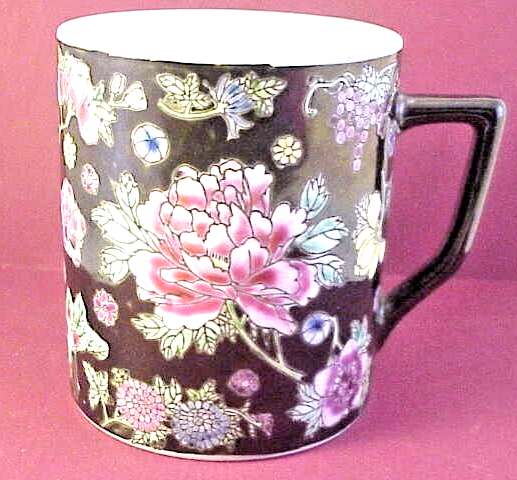 Vibrant Coffee Cup Mug Black Background Multicolor Flowers in Detail All Sides