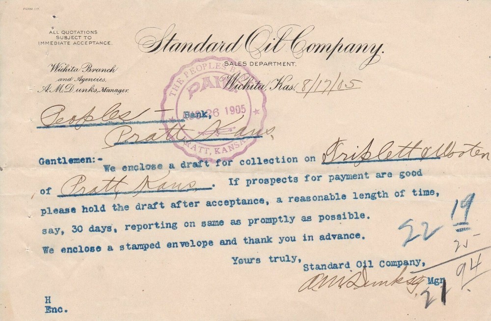 U.S. Standard Oil Company Sales Dept. Wichita Kans. 1905 Paid Invoice Ref 42291