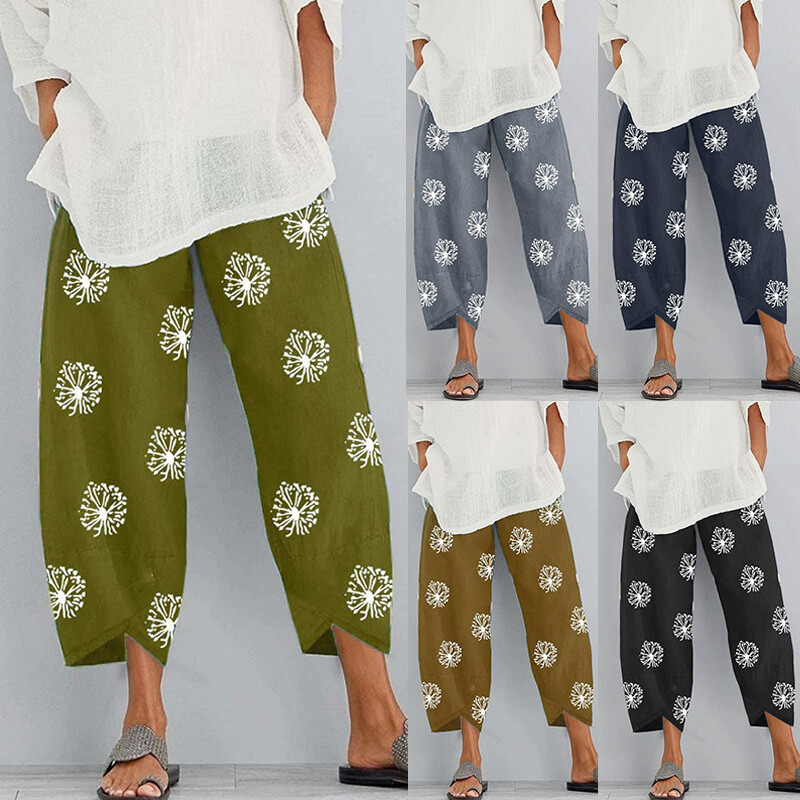 Womens Summer Cotton Linen Baggy Harem Pants Elastic Waist Casual Trousers ⊹