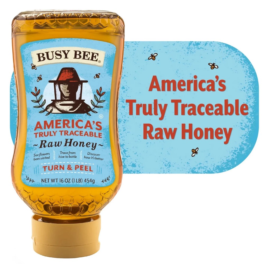 Busy Bee Raw USA Honey, 100% Traceable, 16 oz Squeeze Bottle, Peel The Back Labe