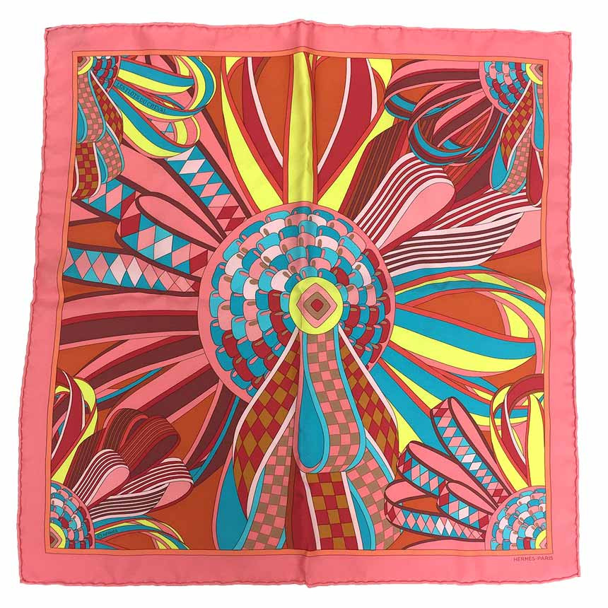 *HERMES Carré 45 Scarf LES RUBANS DU CHEVAL Detail Horse Ribbon Pink 100% Silk