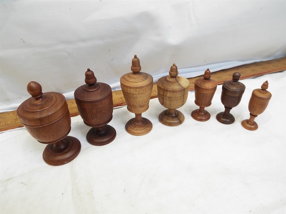 Lot Vintage Hand Turned Wooden Treenware Footed Jars Lidded Urn Pedestal Treen