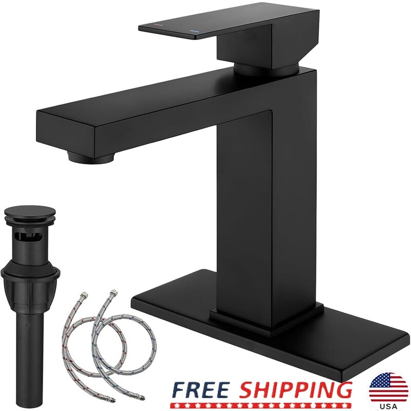 Black Bathroom Faucet Single Handle Stainless Steel Lavatory Mixer W/ Drain New