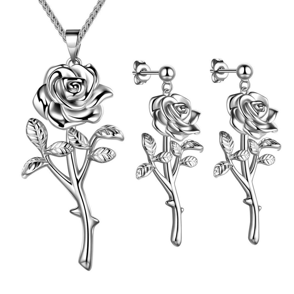 Beautlace Silver Plated Rose Necklace and Stud Earrings Floral Jewelry Set