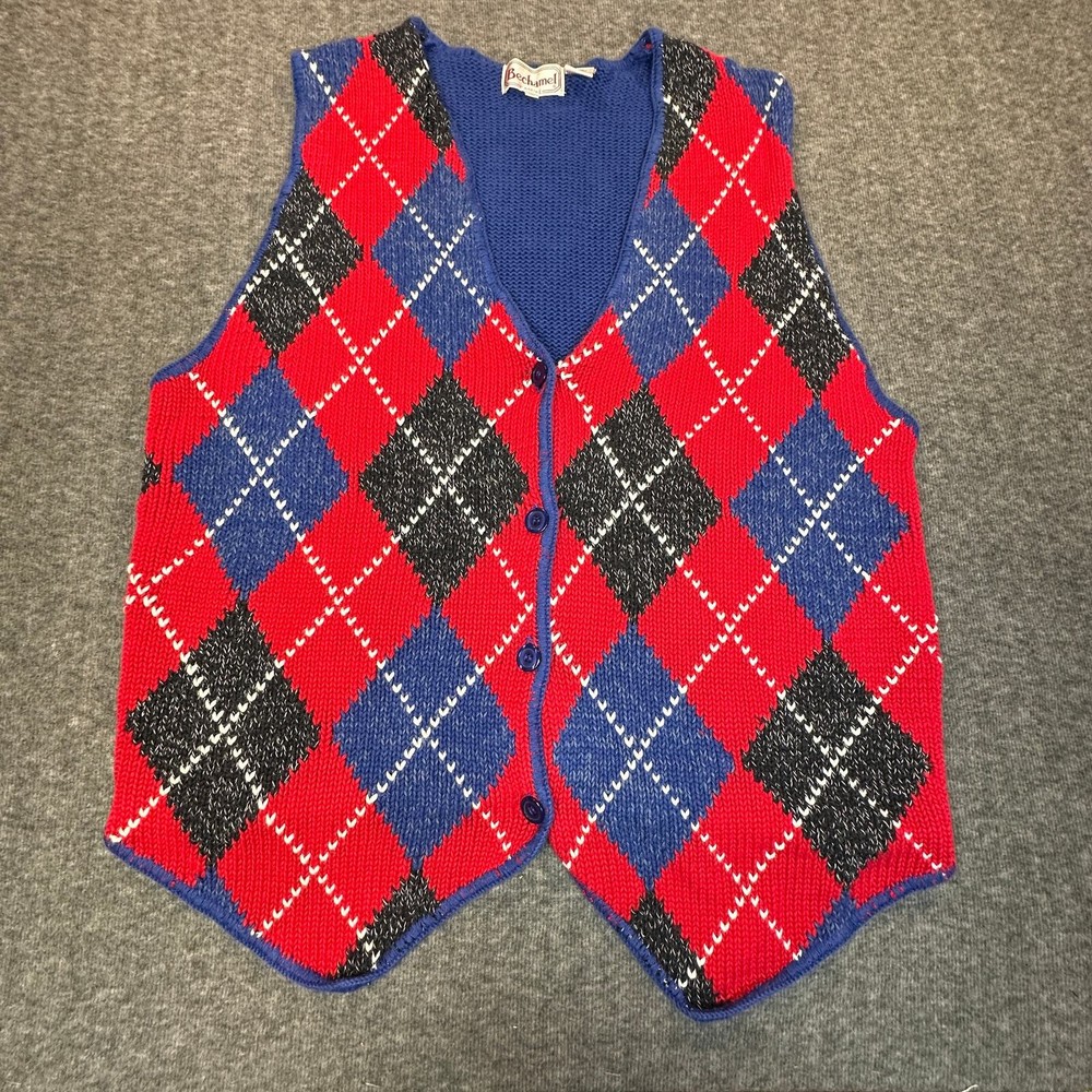 Bechamel Casual Vintage Sweater Vest Womens XL Red Blue Argyle Button Front