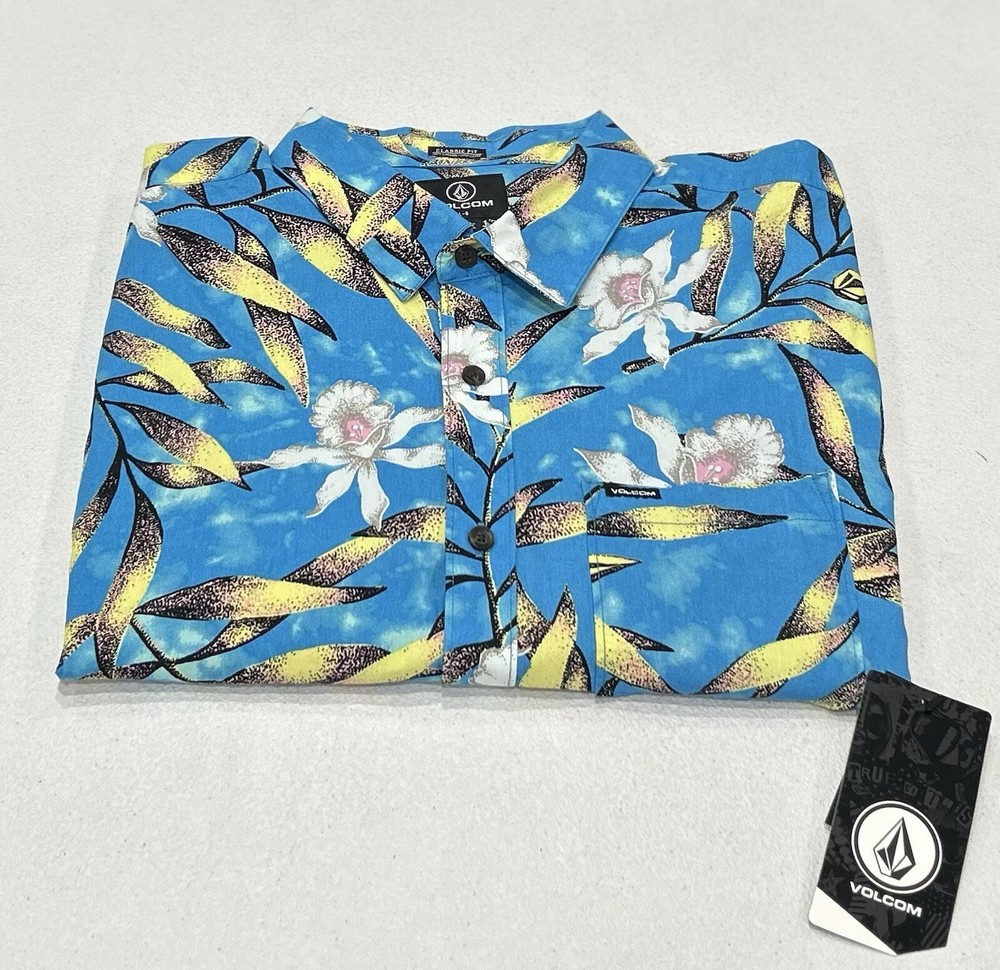 Volcom Men's Tropical Hideout Short Sleeve Button Down Shirt, Maliblue, Size L