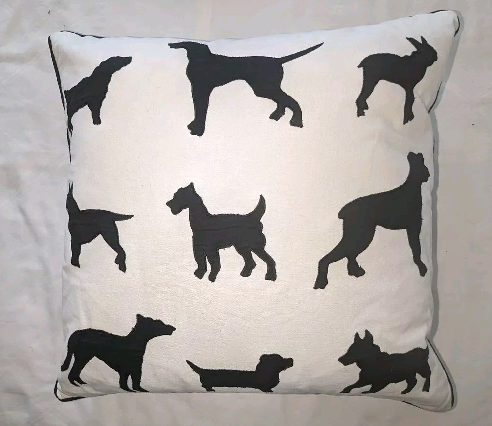 Dog Silhouette Pillow Black White Cotton With  Removable Insert 20X20