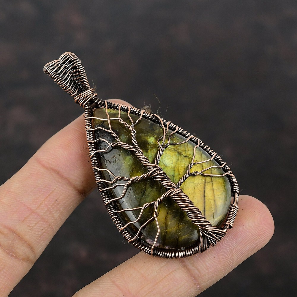 Christmas Sale Labradorite Gemstone Copper New Wire Wrapped Tree Of Life Pendant-image