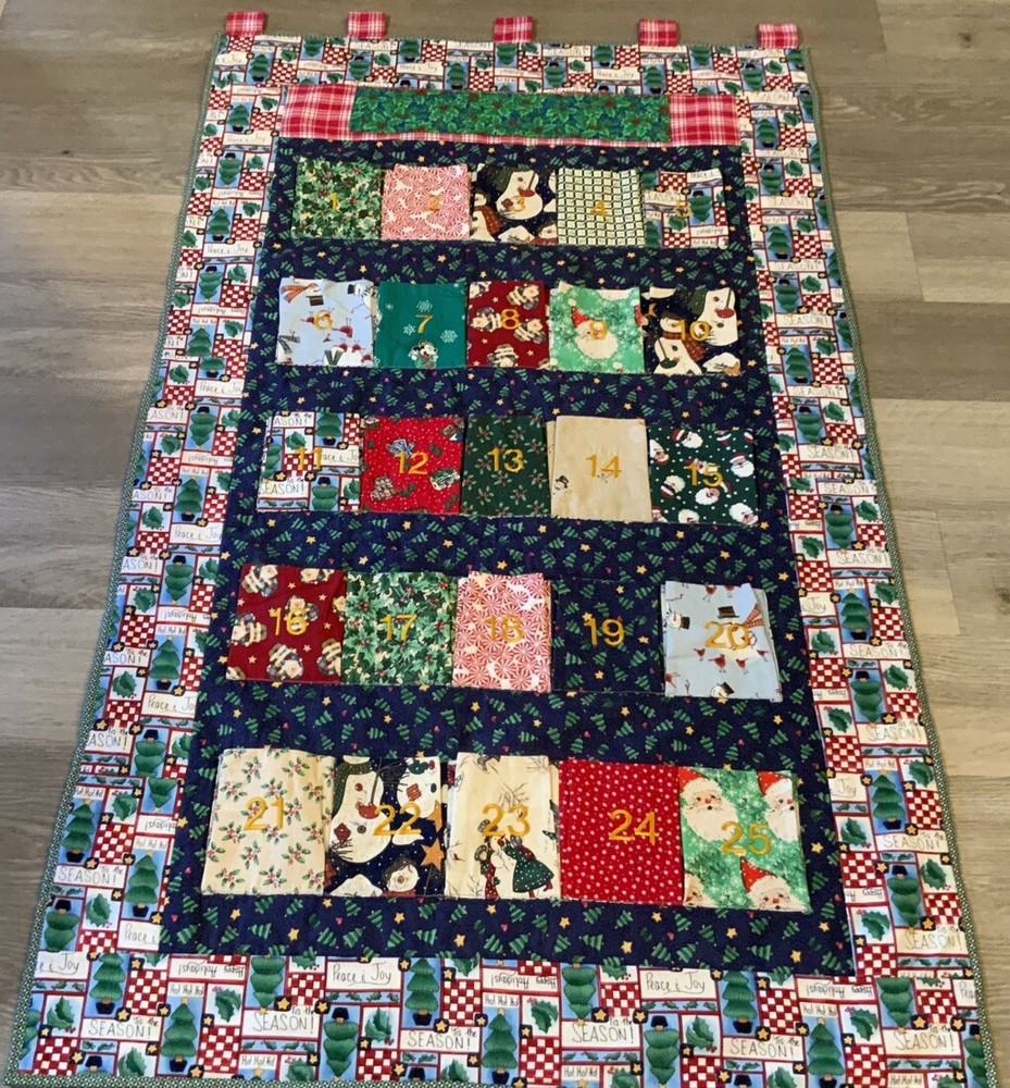 Hand Made Patchwork Quilt, Christmas Advent Calendar With Pockets, Calicos
