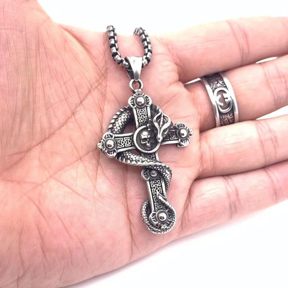 Vintage Men's Dragon Skull Cross Pendant Necklace Stainless Steel Chain Jewelry