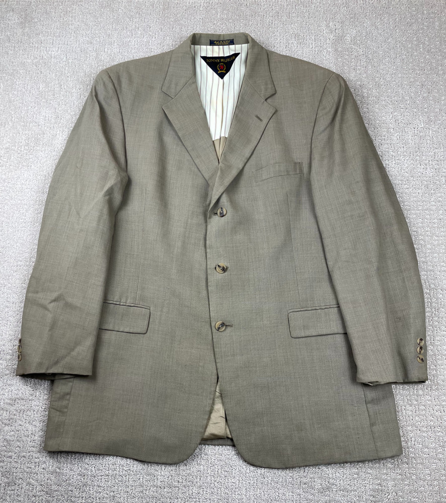 Vintage Tommy Hilfiger Blazer Mens 46L Beige 100% Wool 3 Button Sport Coat 90s