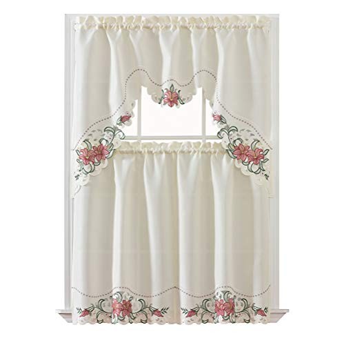 GOHD Lily Scented 3-Piece Multi-Color Embroidered Kitchen Swag Cafe Curtain Set