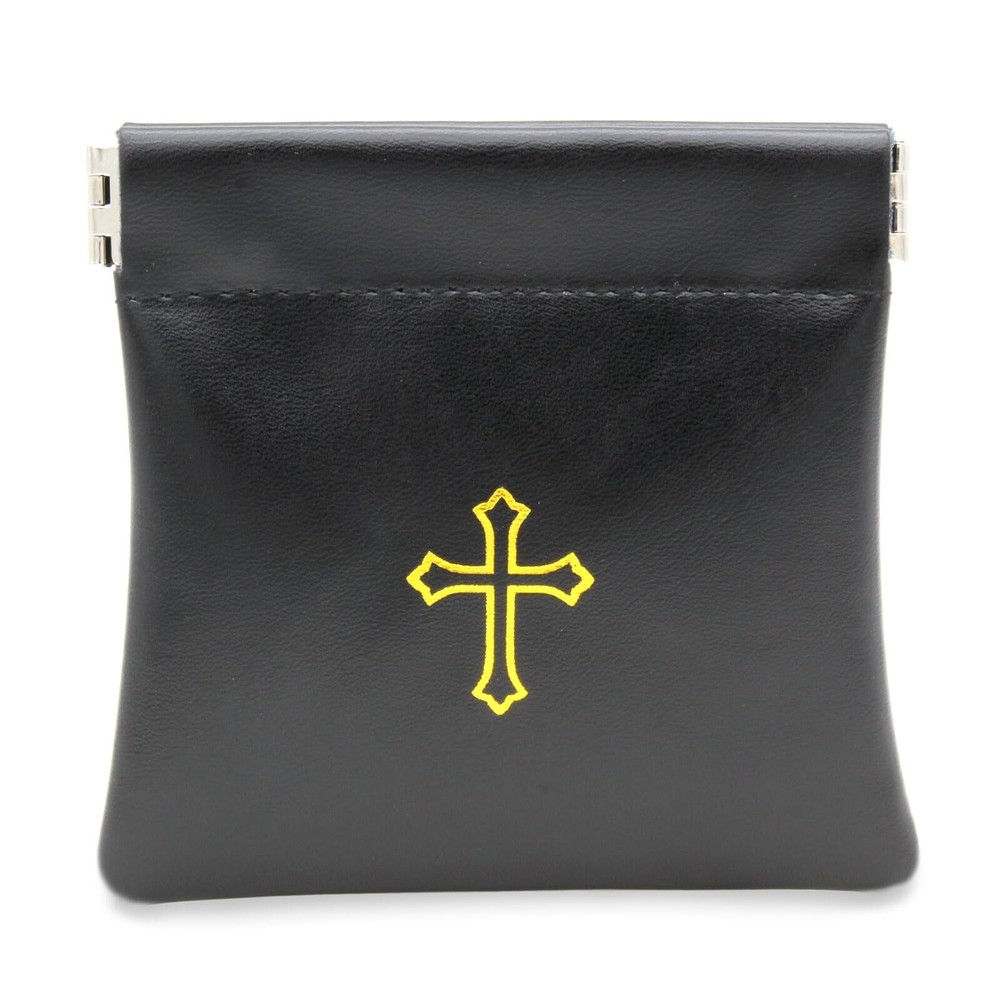Squeeze Top Rosary Pouch Black Faux Leather with Cross Imprint