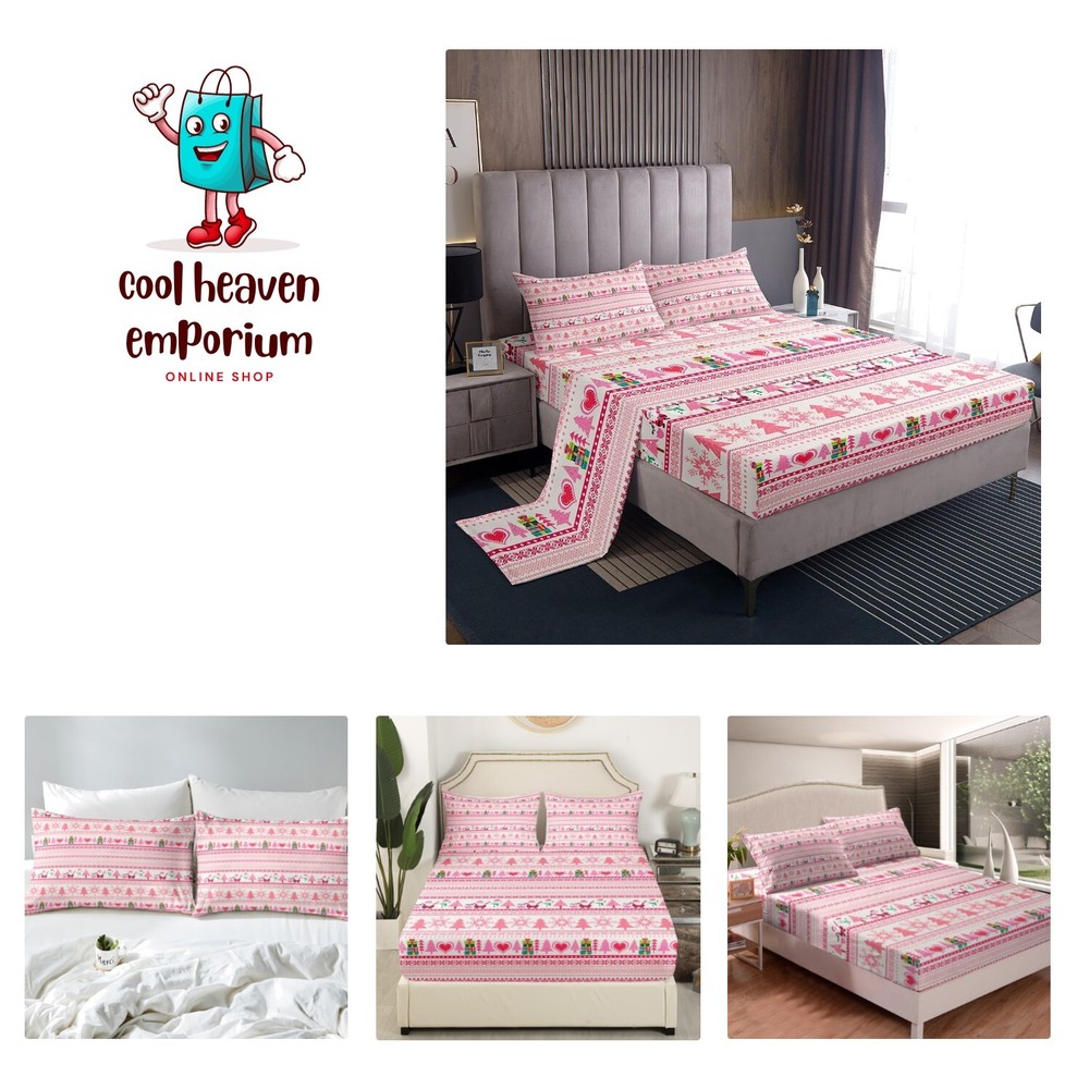 Christmas Comforter Cover Cartoon Santa Claus Snowman Sheet Set Pink Snowflak...