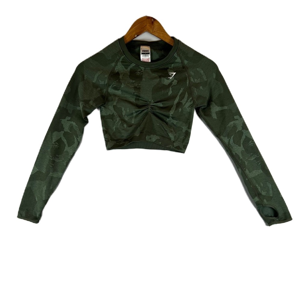 Gymshark Green Adapt Camo Seamless Cropped Long Sleeve Top Women's Size S