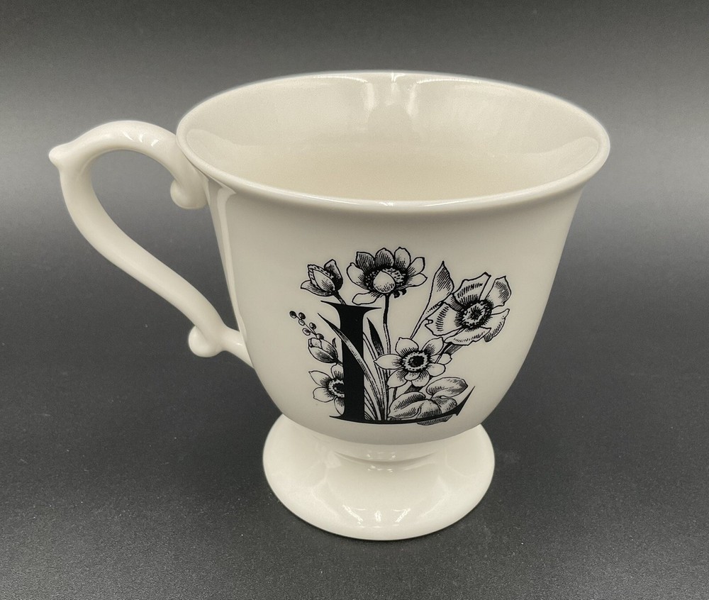 Anthropologie Floral Monogram Coffee Mug Letter L Fancy Footed Pedestal Tea Cup