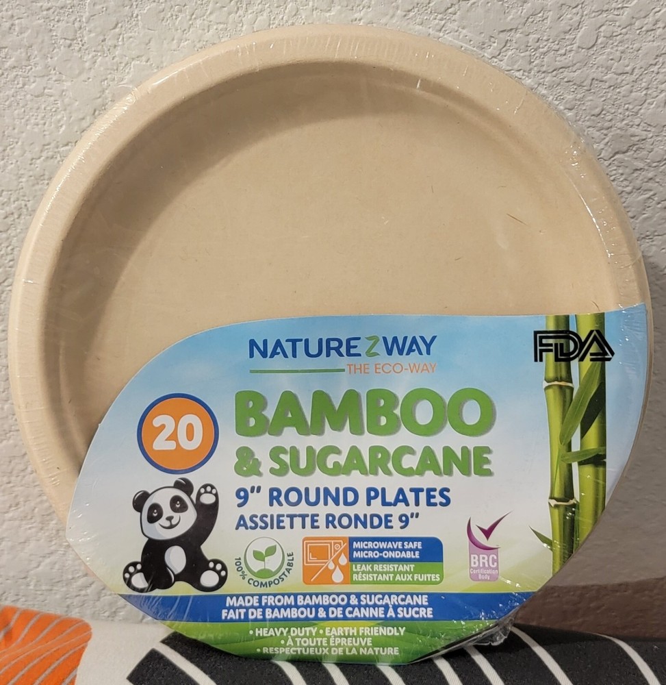 9 Inch Compostable & Disposable 20 Count Plates Bamboo and Sugarcane Heavy Duty