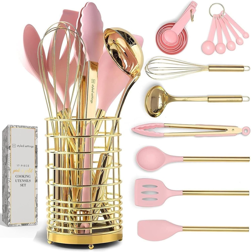 Kitchen Utensils Set -17 PC Pink Silicone and Gold Cooking Utensils Set