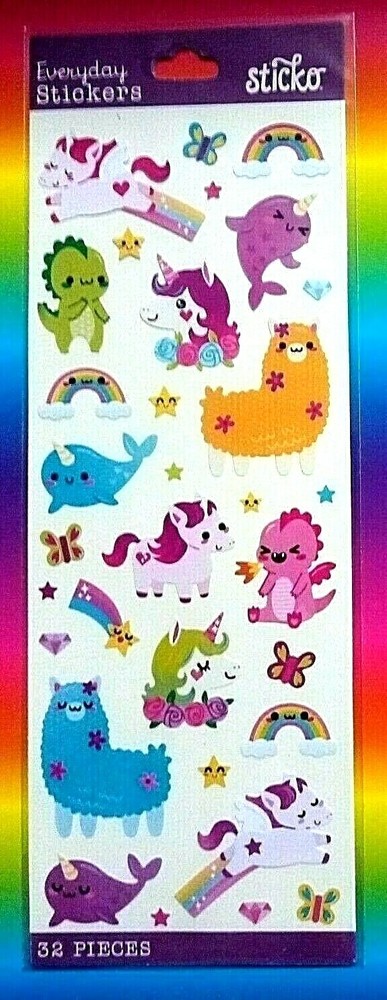 Kawaii Fantasy Animals Sticker Sheet - 32 Unicorns & Lamas