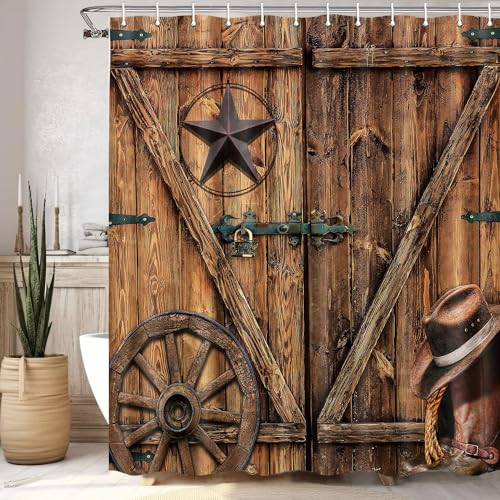 Texas Star Western Barn Door Shower Curtain Sets for Bathroom,Cowboy Hat Boots