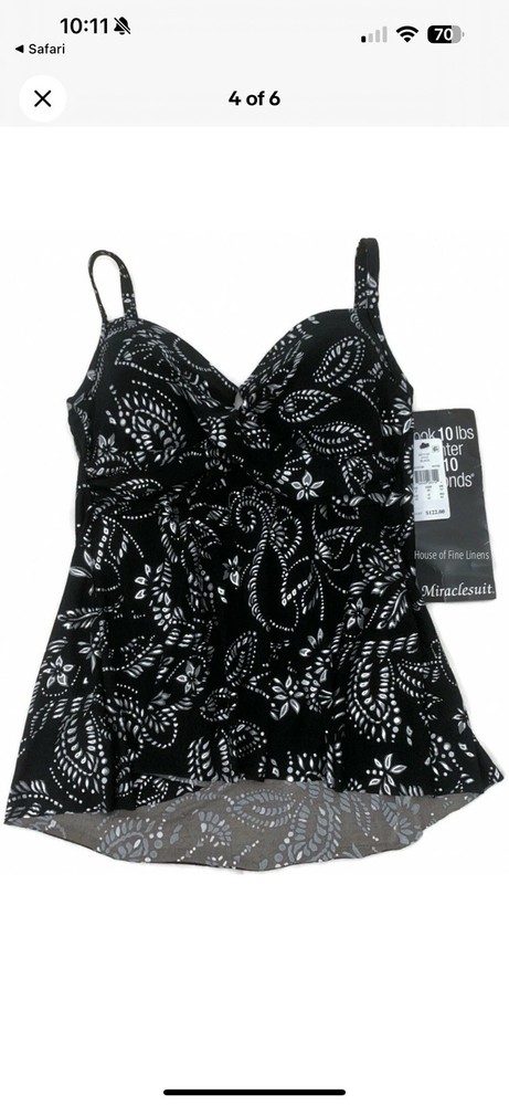 NWT Miraclesuit Black White Roswell Underwire Tankini Swim Top Sz 10 Swimsuit