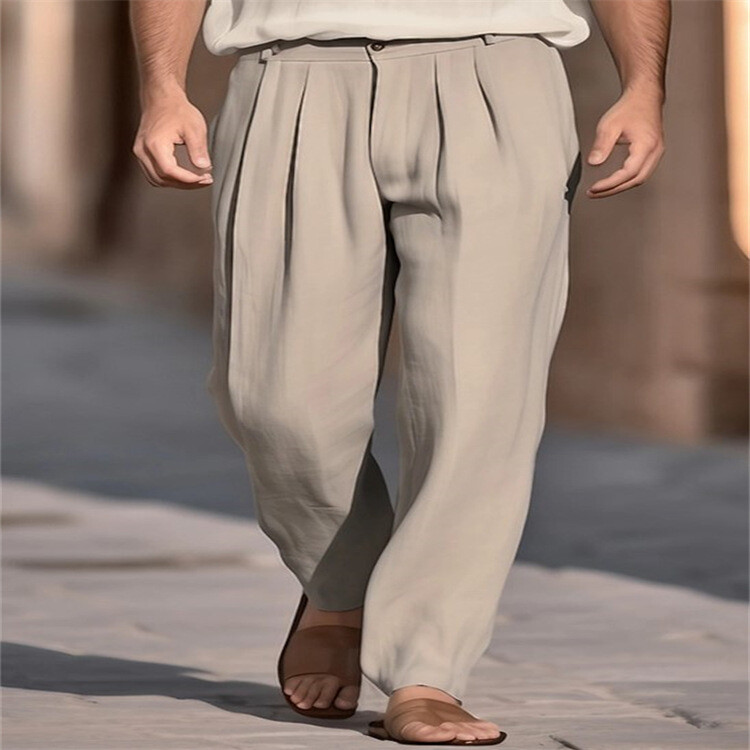 Men's Linen-Blend Front Pocket Pleated Pants Casual Breathable Straight Trousers