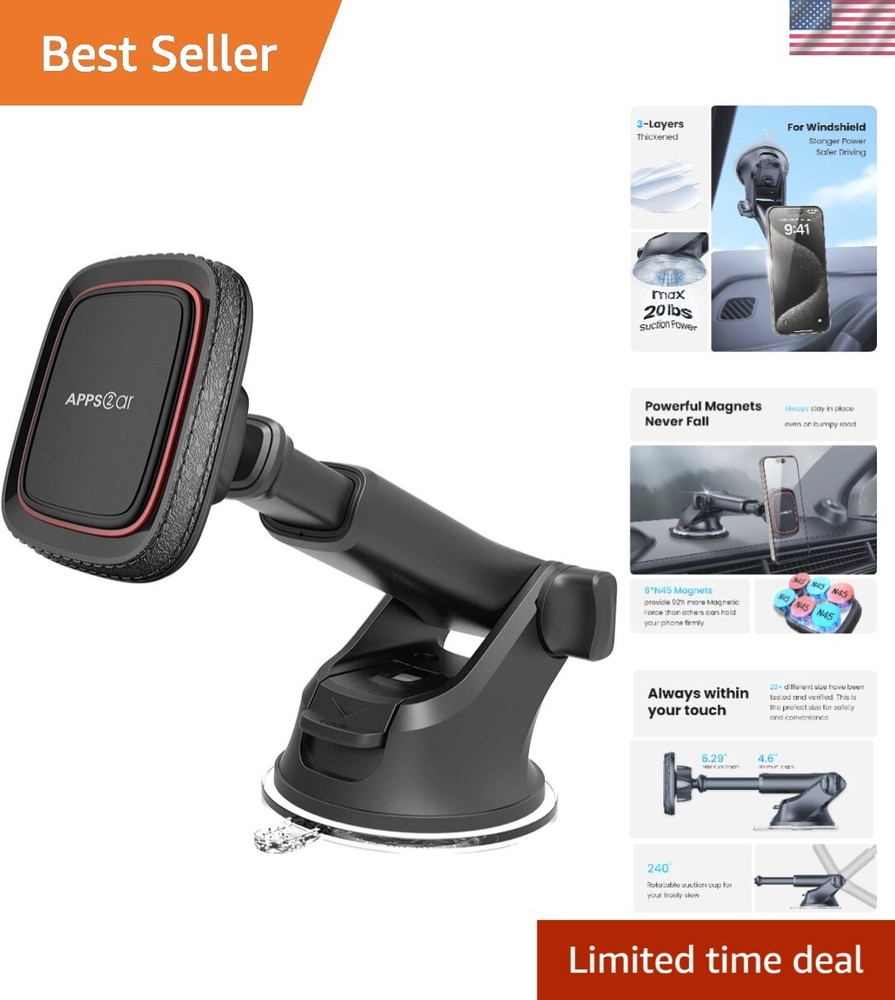 360° Rotating Magnetic Car Phone Mount with Strong Suction Cup for Secure Stability