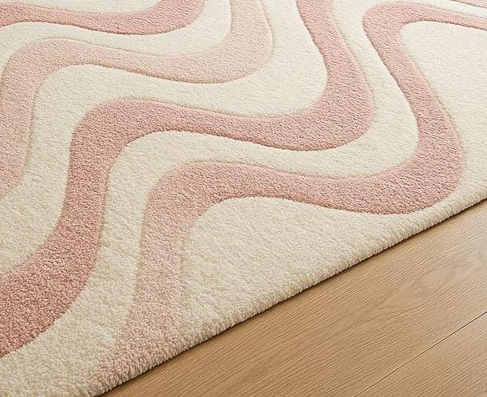 Hand-Tufted Cream and Pink Wavy Pattern Carpet for Stylish Living Room