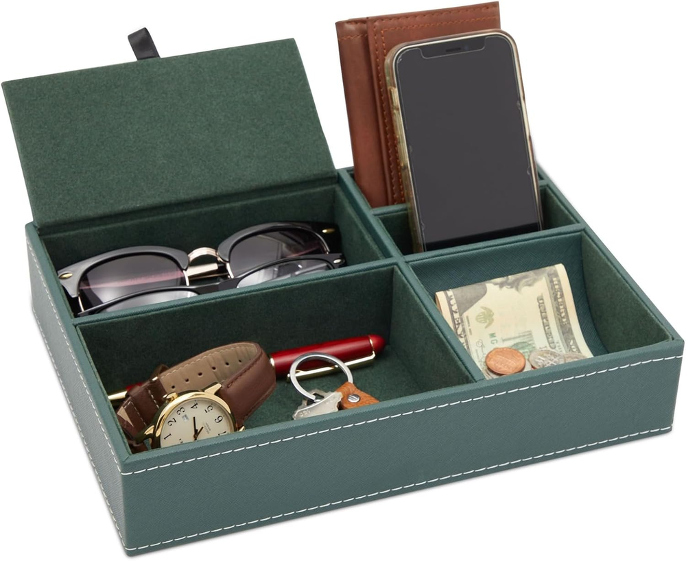 5 Compartment Emerald Green Leather Valet Tray for Wallet, Keys (10 X 7.3 X 2 In