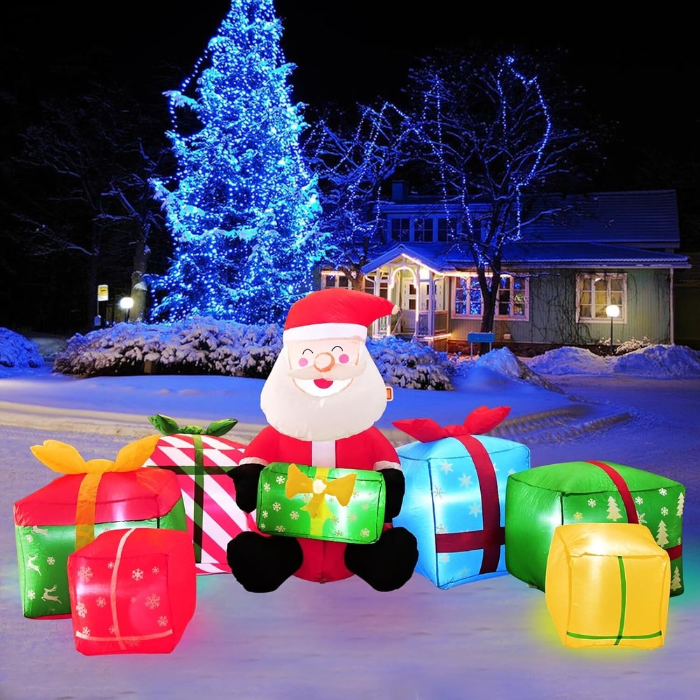 7FT Long Inflatable Santa Claus with Presents, Lighted Christmas Inflatable Gift