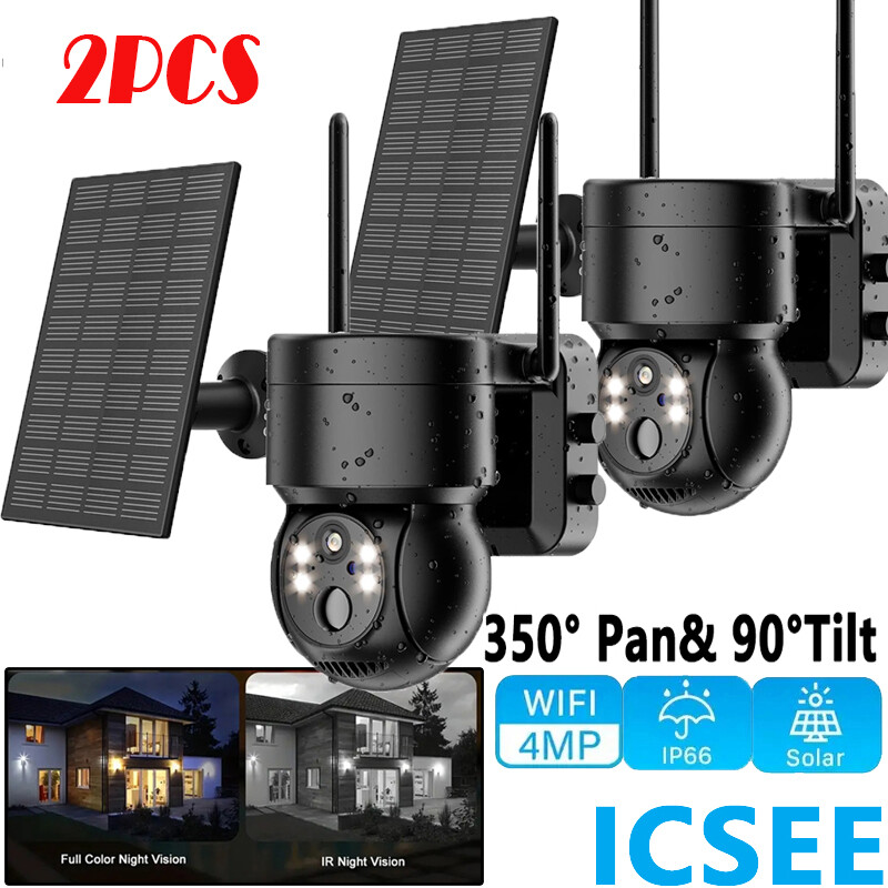 2PCS Solar Battery Powered Wireless Outdoor Pan/Tilt Home Security Camera System