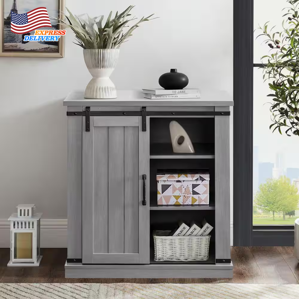 FESTIVO 32 in Gray Sliding Barn Door Accent Cabinet Storage