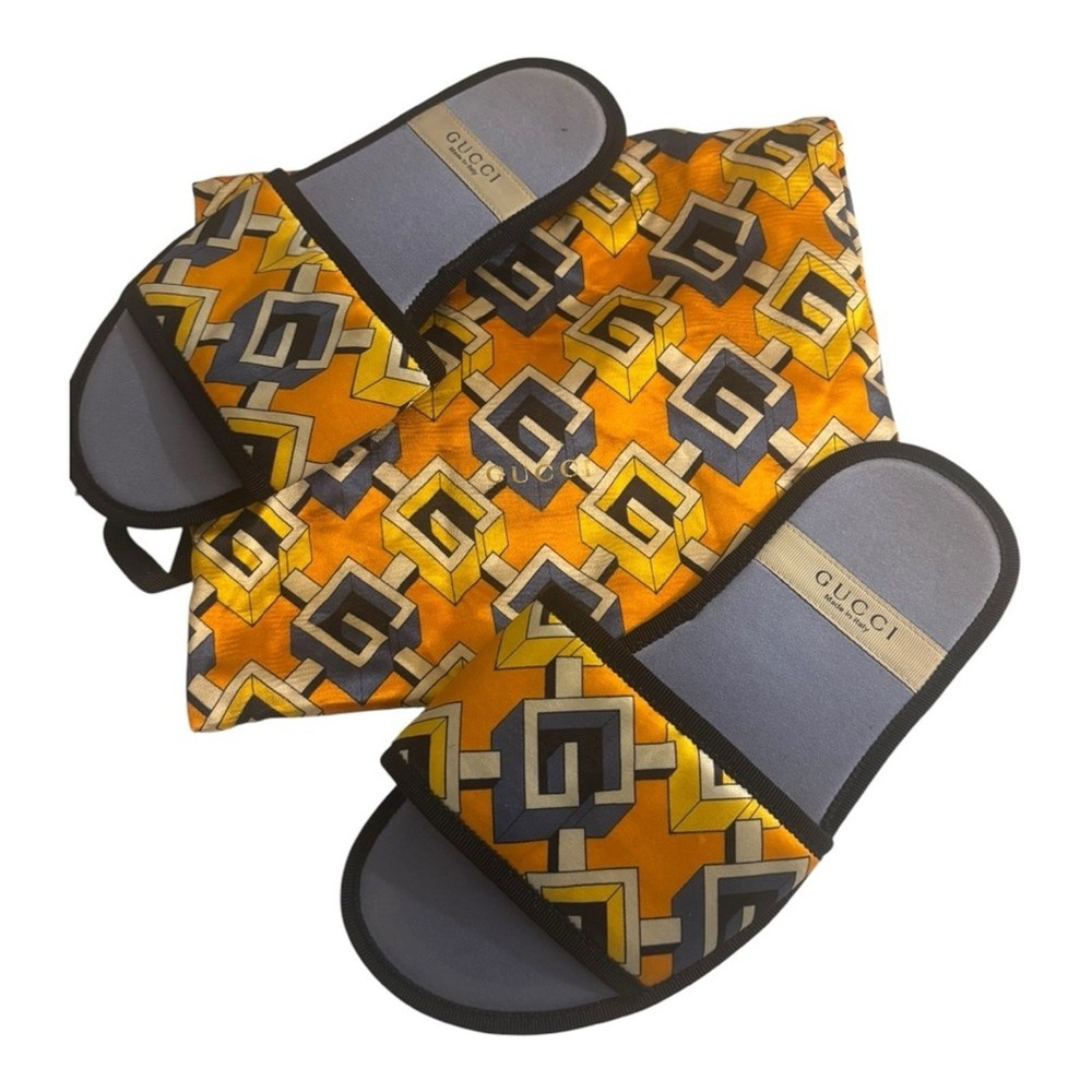 Gucci Geometric G Logo Satin Silk Viscose Blend Slippers & Dust Bag Size 6-7