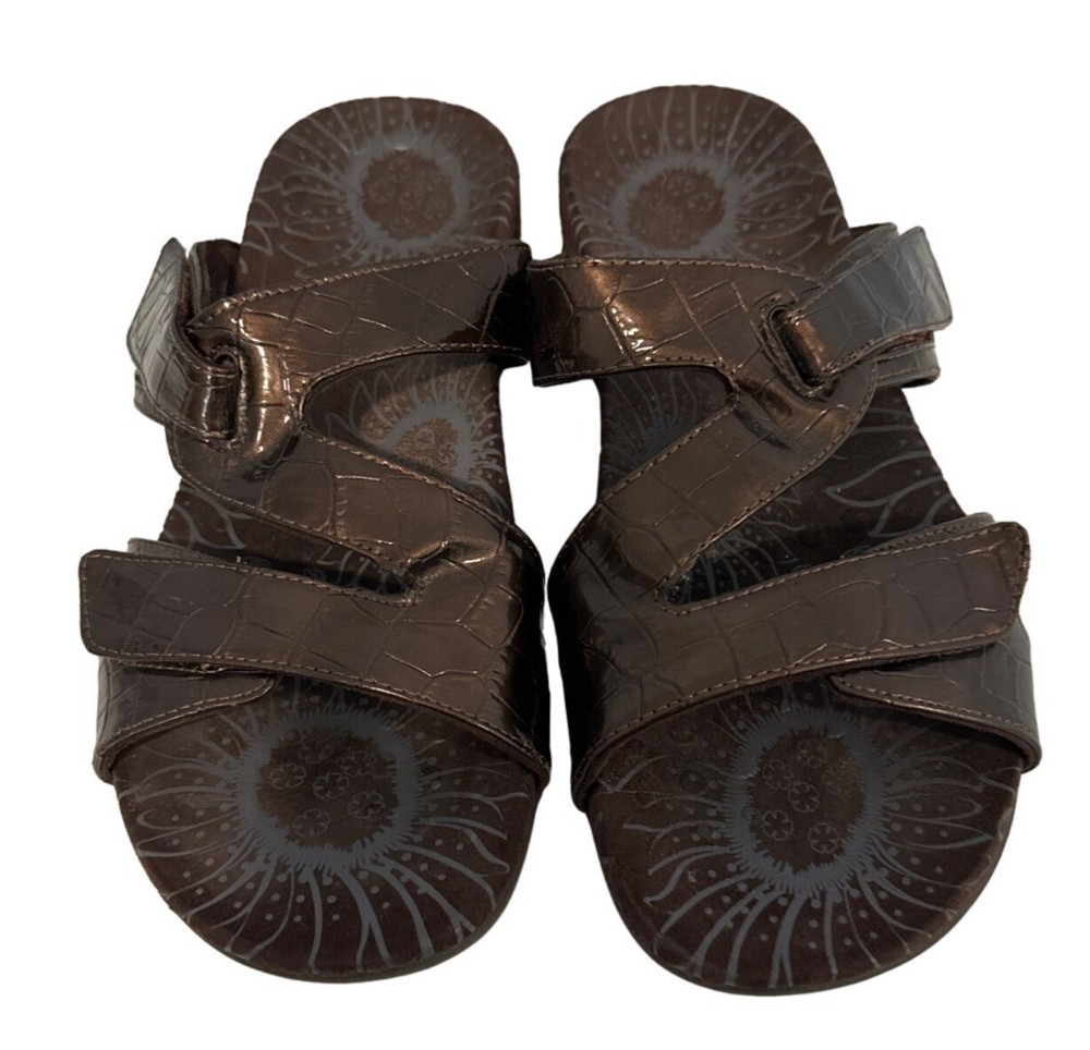 Vionic Womens Lauren Croc Embossed Sandals Bronze Metallic Size 8