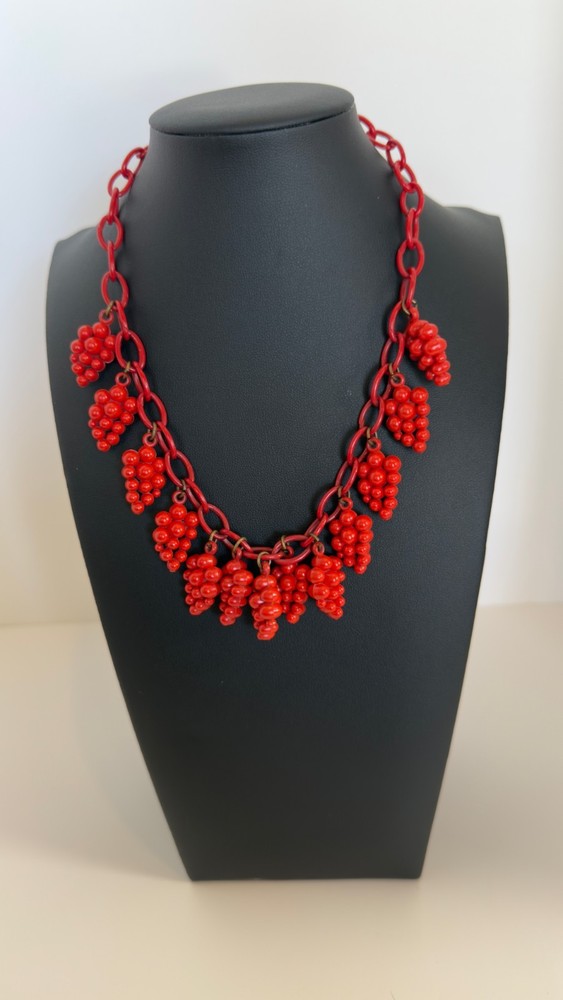 RARE Antique Vintage Red Grape Cluster Celluloid Dangle Choker Necklace