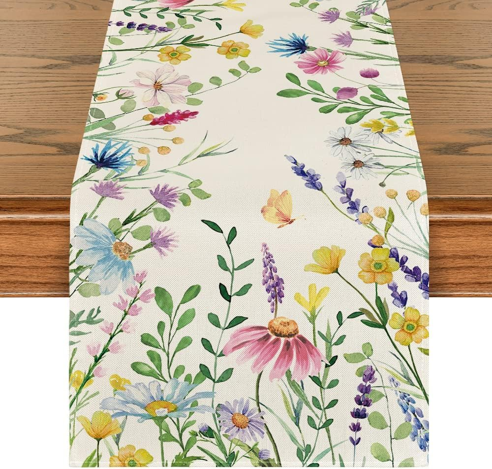 Daisy Eucalyptus Lavender Floral Summer Table Runner for Spring Kitchen Dining Decor