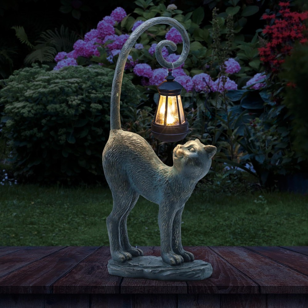 Resin Cat Statue with Solar Lantern Eye-catching Garden Sculpture Decorï¼Œ15.3
