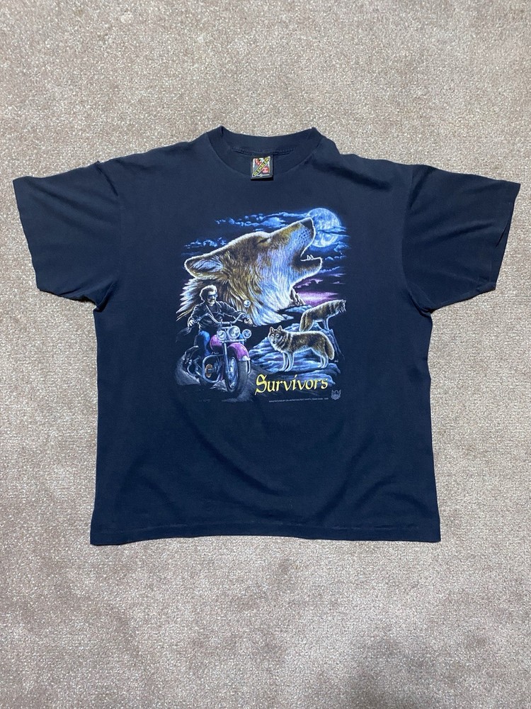 Wolf Print 3D Emblem Biker T-Shirt Vintage 90s “Survivor”, Size XL Single Stitch