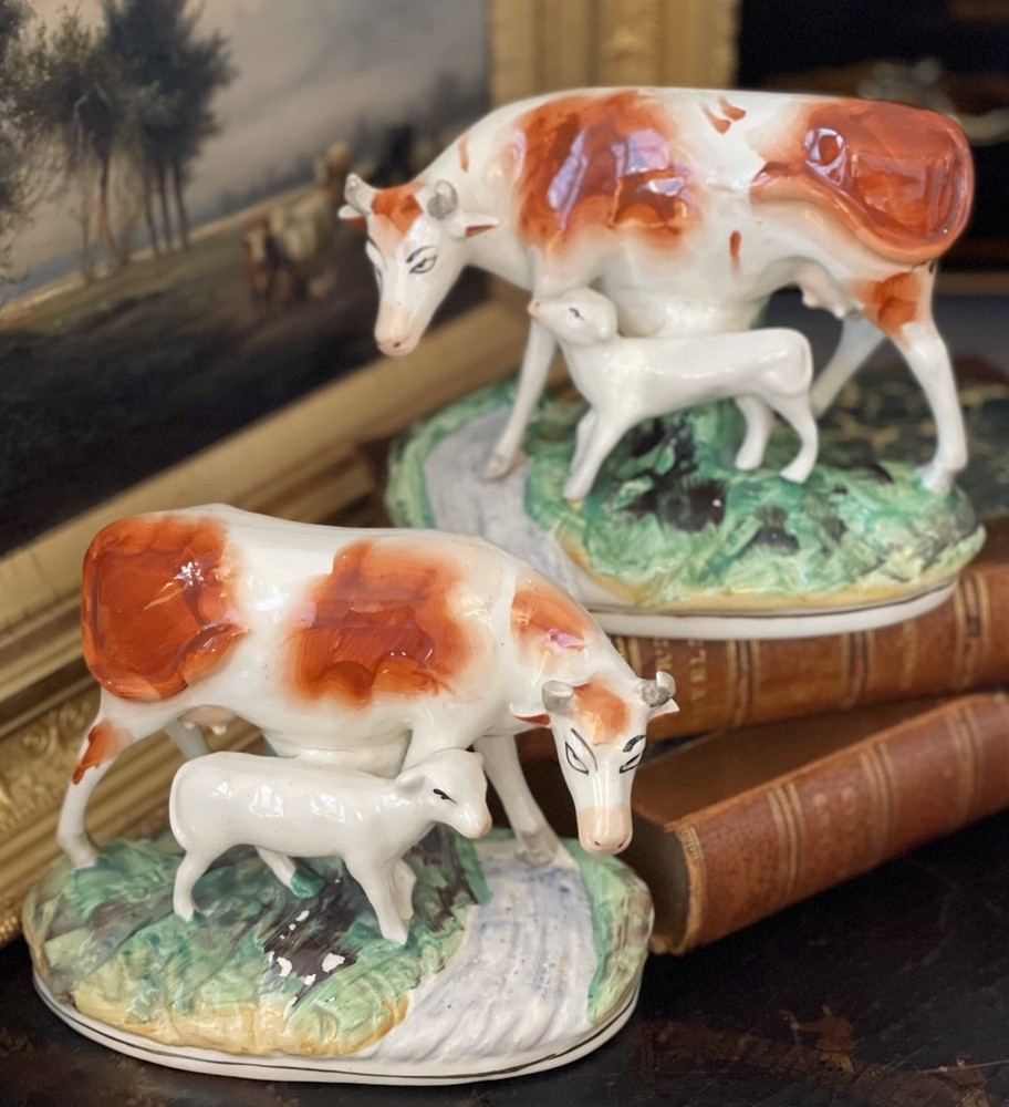 Stunning Rare 19C English Staffordshire Ayrshire Dairy Cow Calf Mantle Pair 6.5”