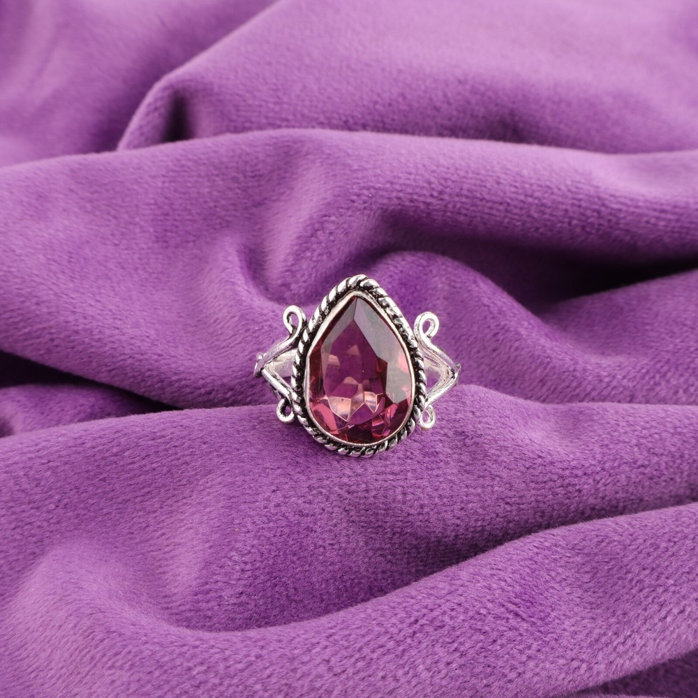 Pear Cut Rhodolite Gemstone 925 Silver Bezel Band Ethnic Ring US Sizes