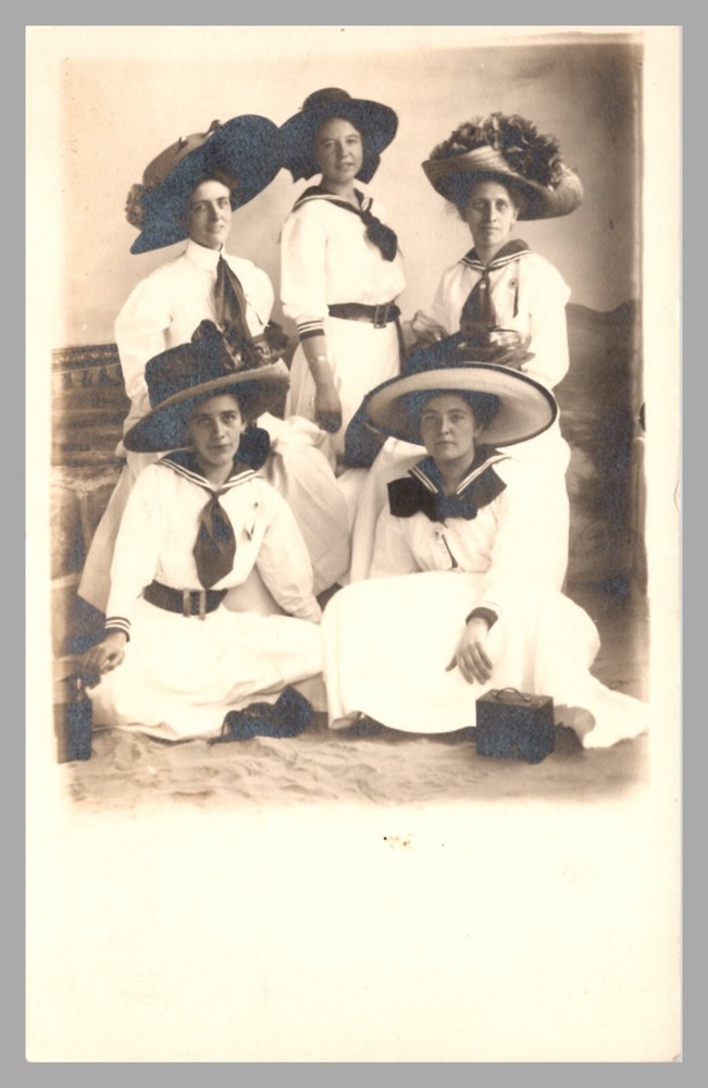 Vintage 1910 Women's Sailor-Style Dresses & Wide-Brim Hats Studio Photo Postcard