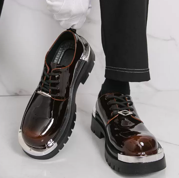Men's Shiny Leather Thick Sole Metal Big Round Toe Derby Leather Platform Shoes