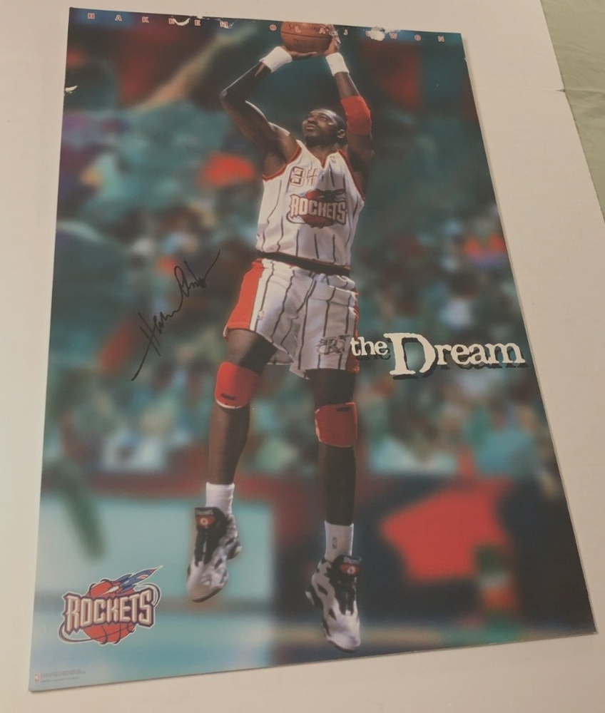 $125 Hakeem Olajuwon Dream Houston Rockets Vintage 90s Signed Poster 35