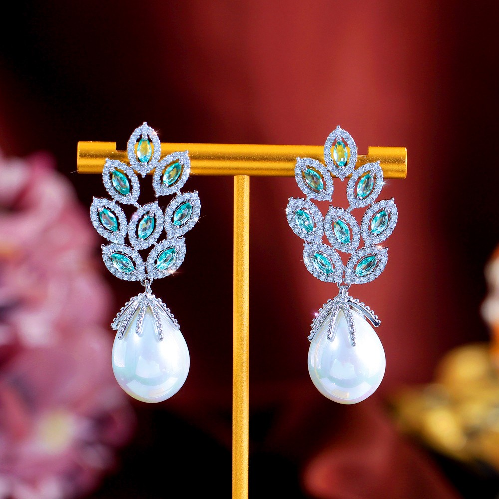 Light Blue CZ Crystal Leaf Dangle Earrings with Pearl Drop Silver Plated Jewelry