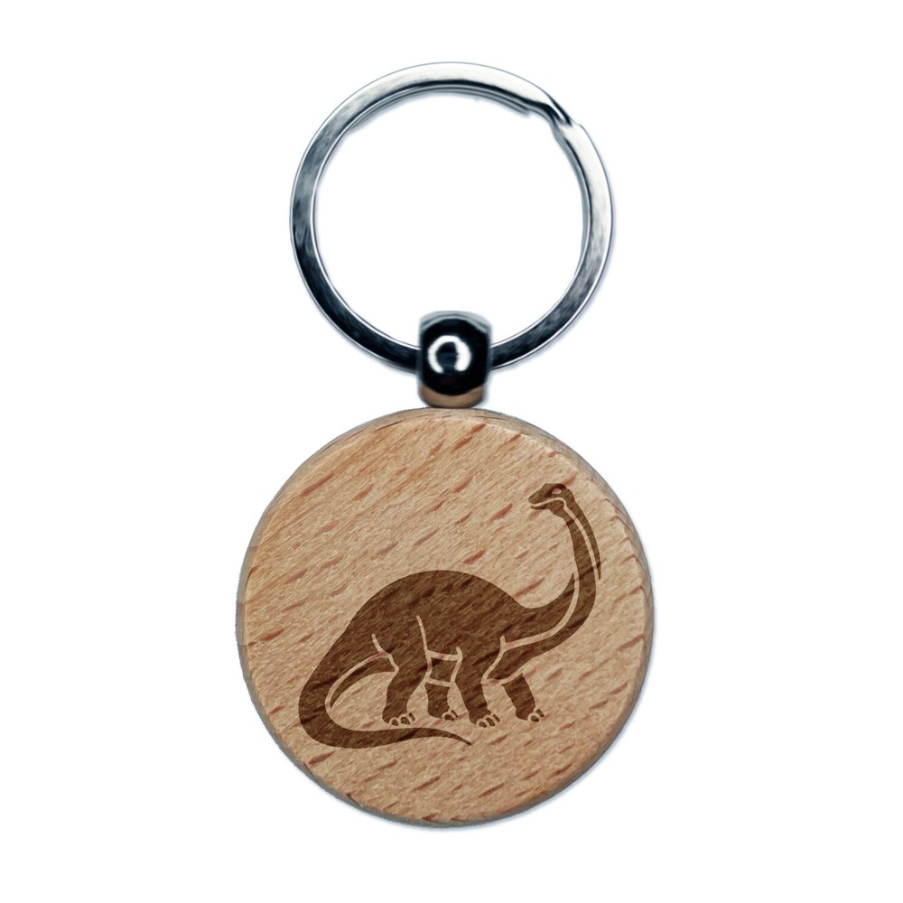 Brontosaurus Dinosaur Engraved Wood Round Keychain Tag Charm